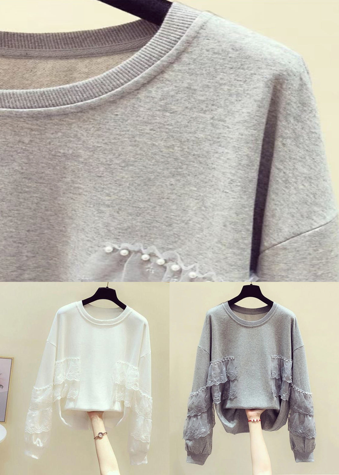 White Lace Patchwork Sweatshirts O Neck Spring
