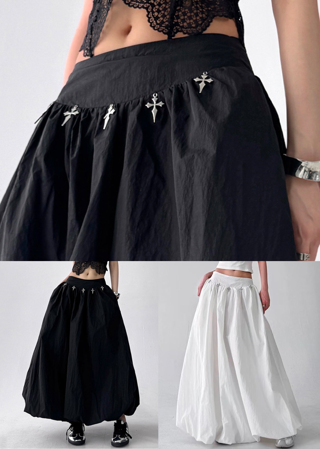 Fine Black Pockets High Waist Patchwork Cotton Skirts Summer