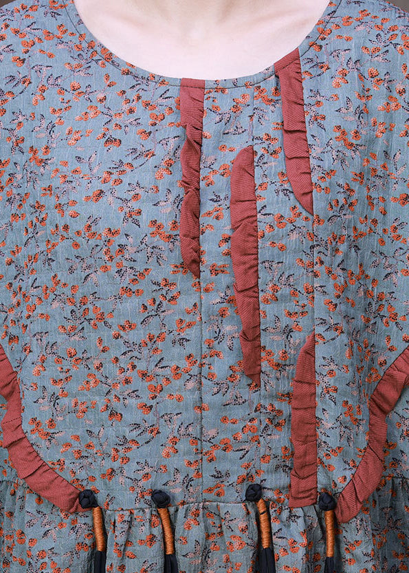 Style O-neck Print Wrinkled Silk Ankle Dress Long Sleeve
