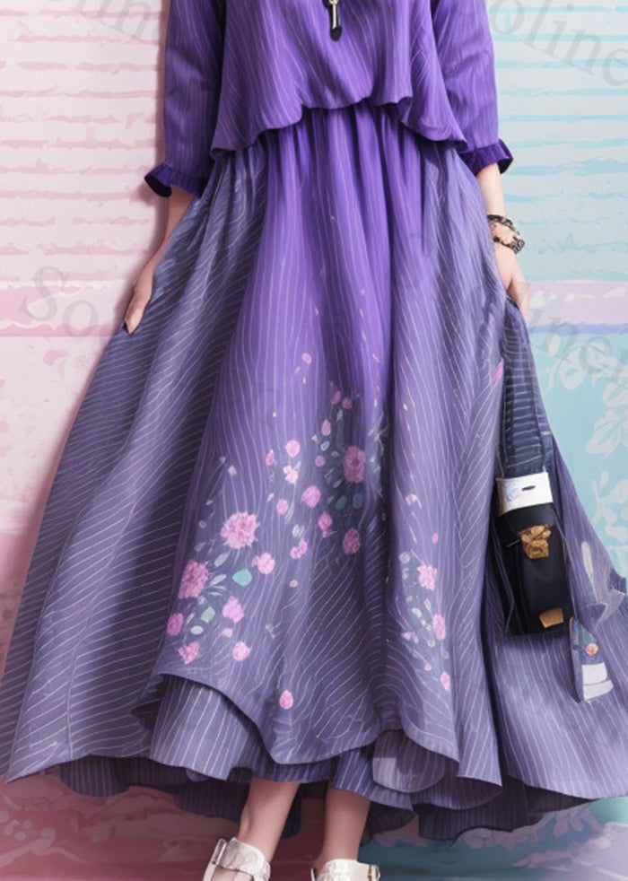 Art Purple Striped Cold Shoulder Exra Large Hem Silk Dresses Summer