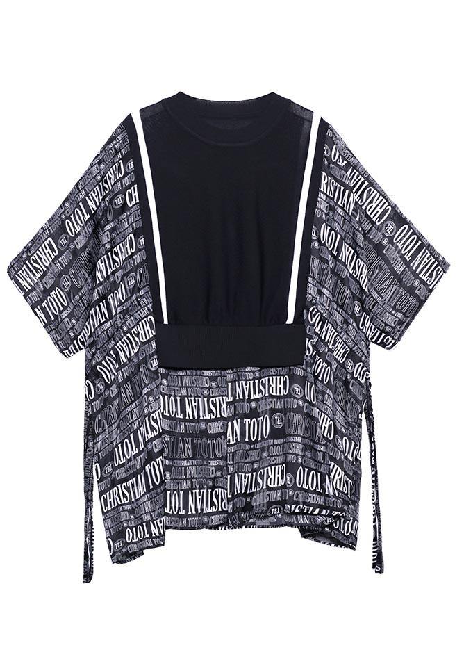 Black Patchwork Graphic Tie Waist Blouse Tops Summer