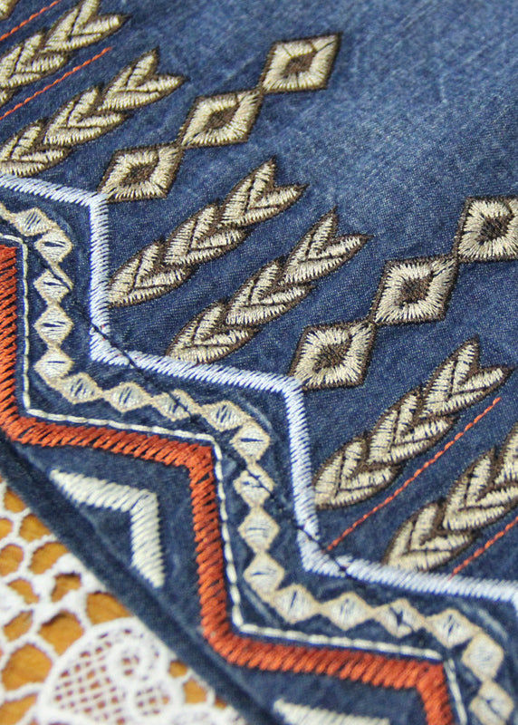 Denim Blue Peter Pan Collar Embroideried Cotton Shirt Dress Short Sleeve