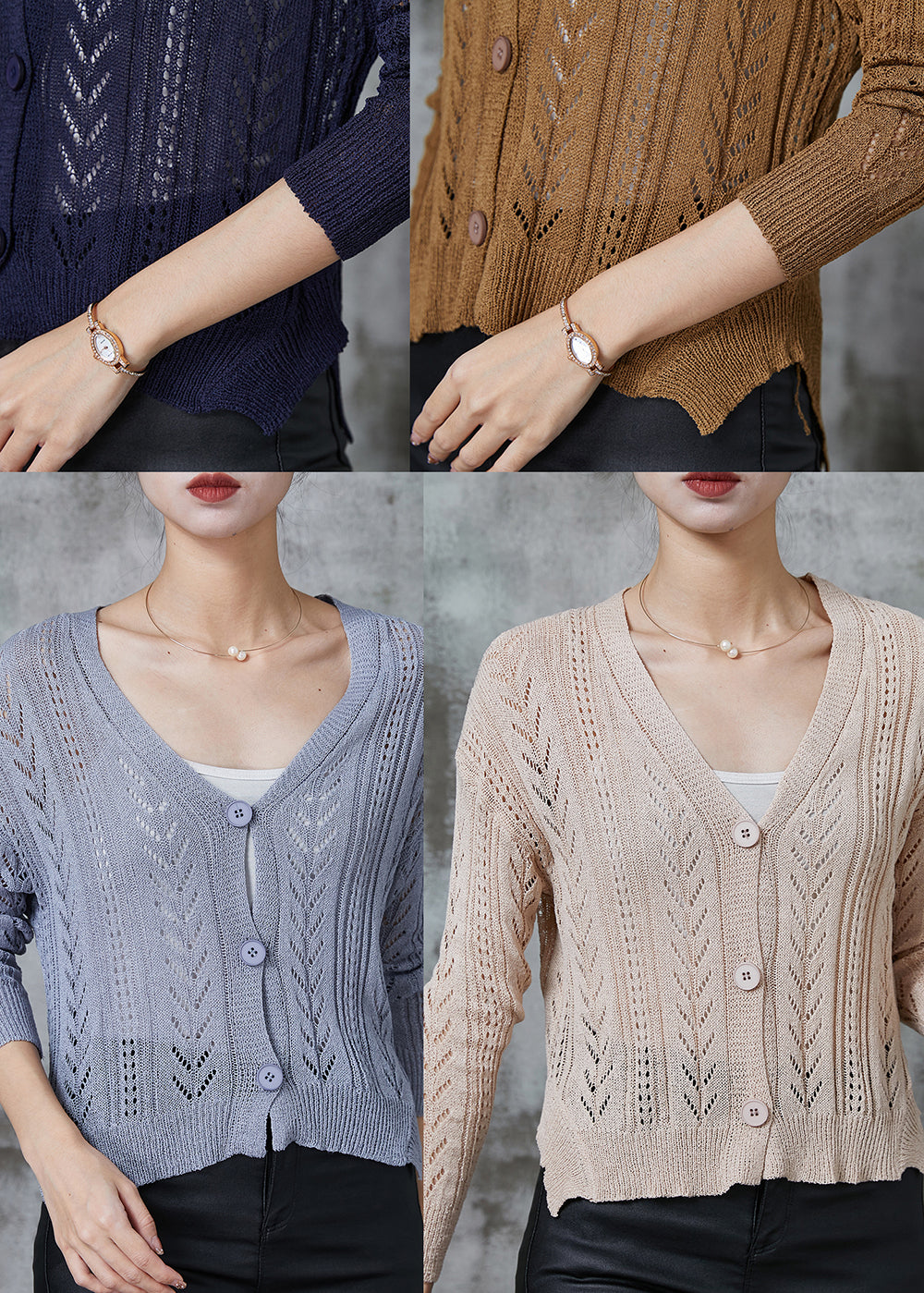 Coffee V Neck Hollow Out Knit Cardigans Spring