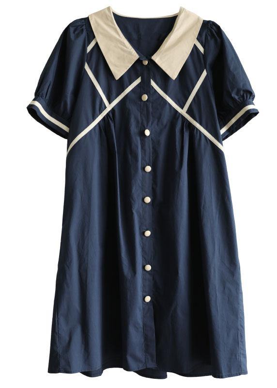 Navy Peter Pan Collar Button Summer Cotton Dress Short Sleeve