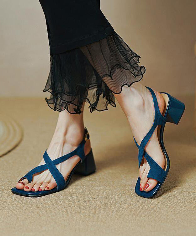 Blue Cross Strap Splicing Chunky Genuine Leather Sandals