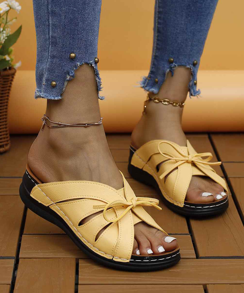 Splicing Wedge White Faux Leather Slide Sandals