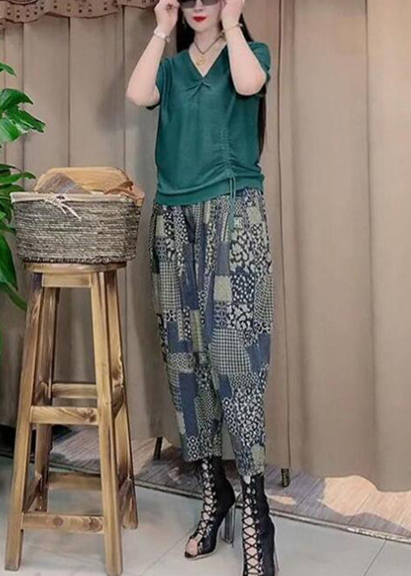 Simple V Neck Drawstring Cotton Tank Tops and Harem Pants Two Pieces Set Summer