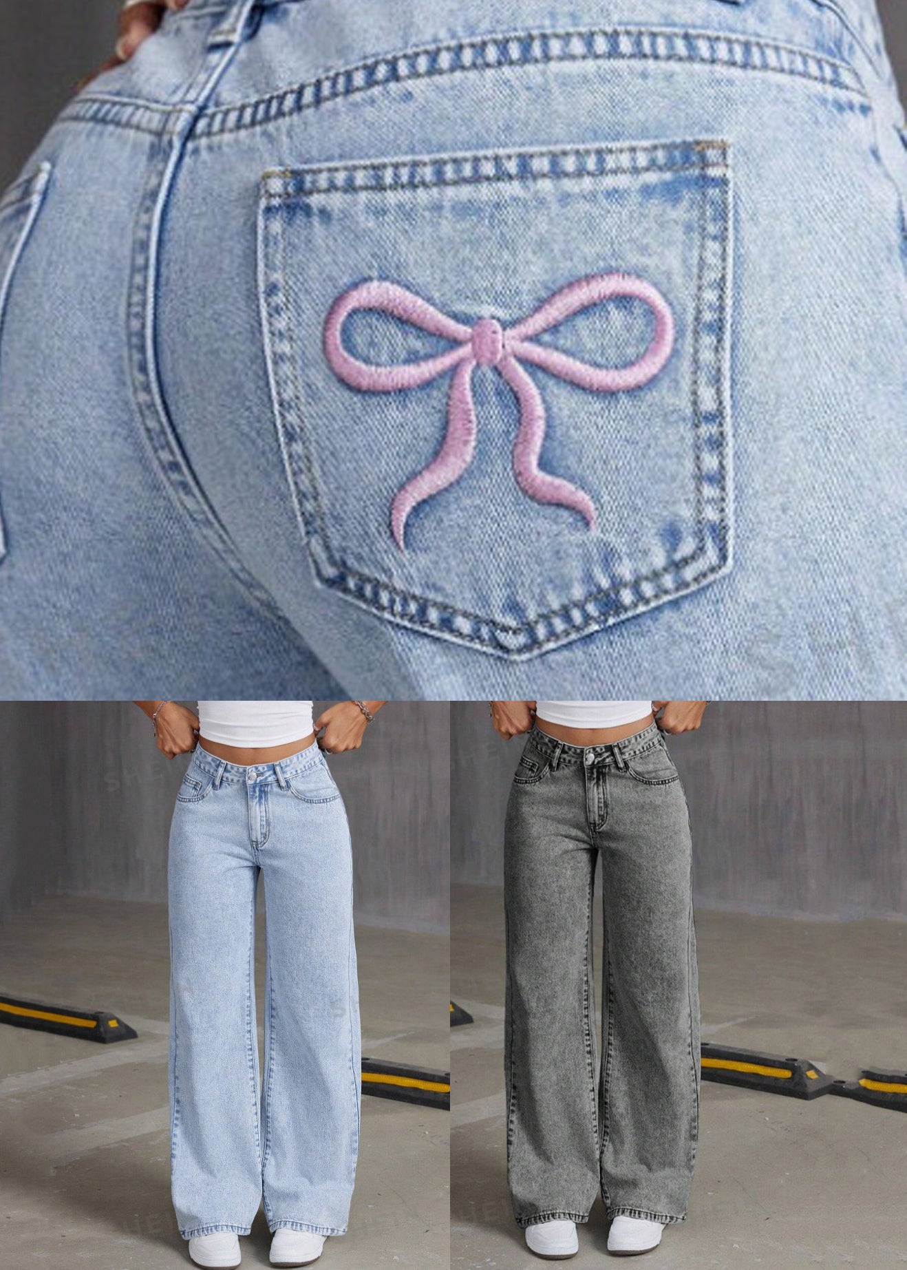 French Blue Pockets Patchwork Wide Leg Denim Pants Spring