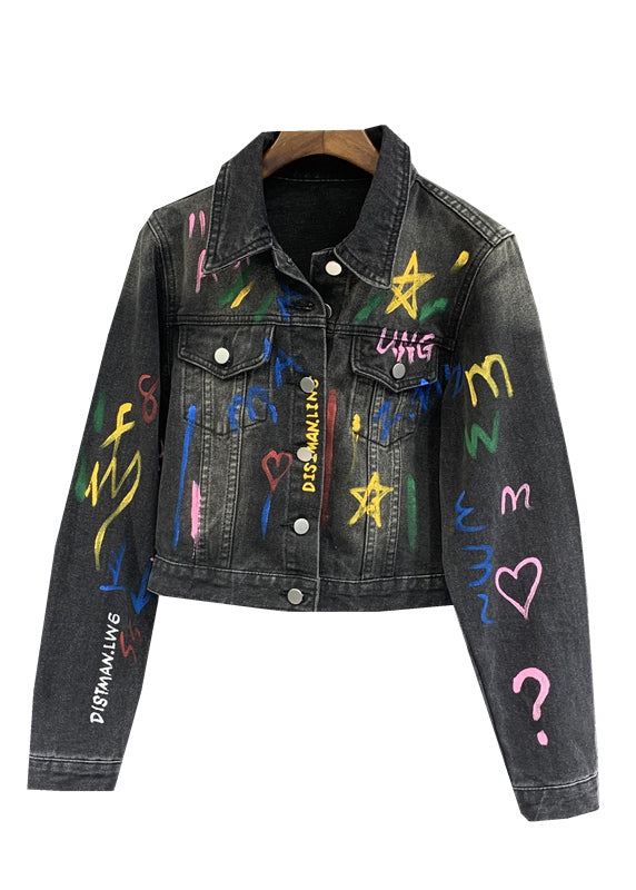 Black Gray Lapel Graffiti Denim Jacket Autumn