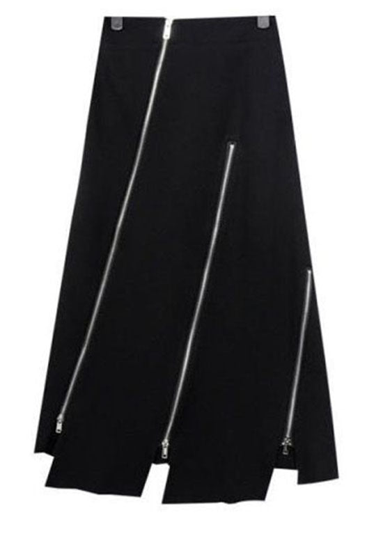Black Asymmetrical Zippered Cotton Skirts Summer
