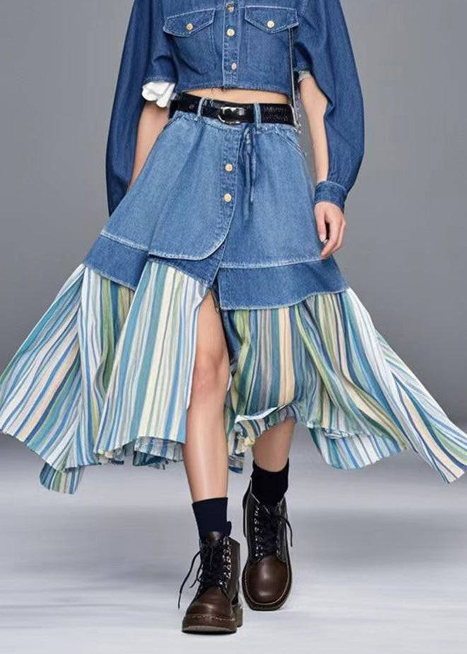 Blue Side Open Patchwork Striped Denim Skirt Spring