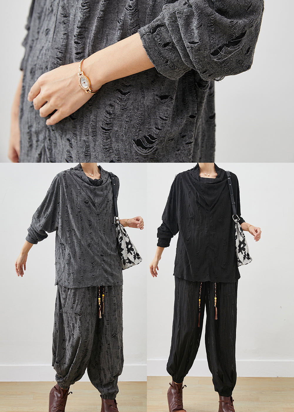 Black Loose Cotton Ripped Two-piece Set Turtle Neck Spring