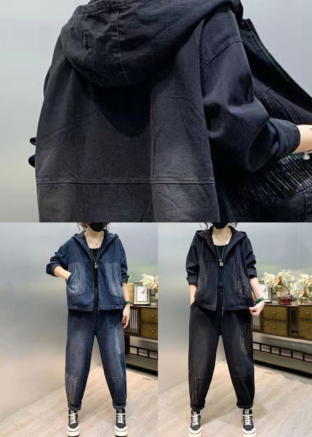 Black Patchwork Denim Two Piece Set Tops and Pants Fall