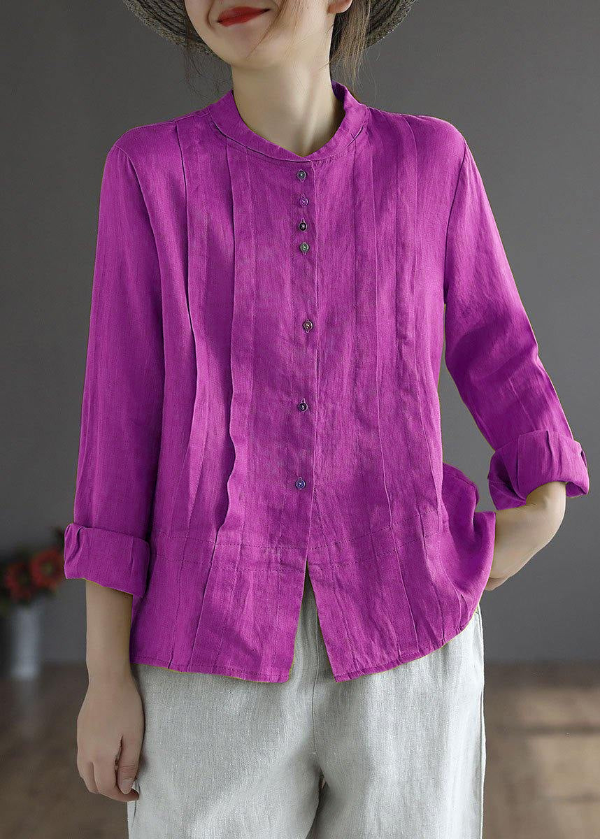 Blue Flower Button Fall Top Long Sleeve Linen