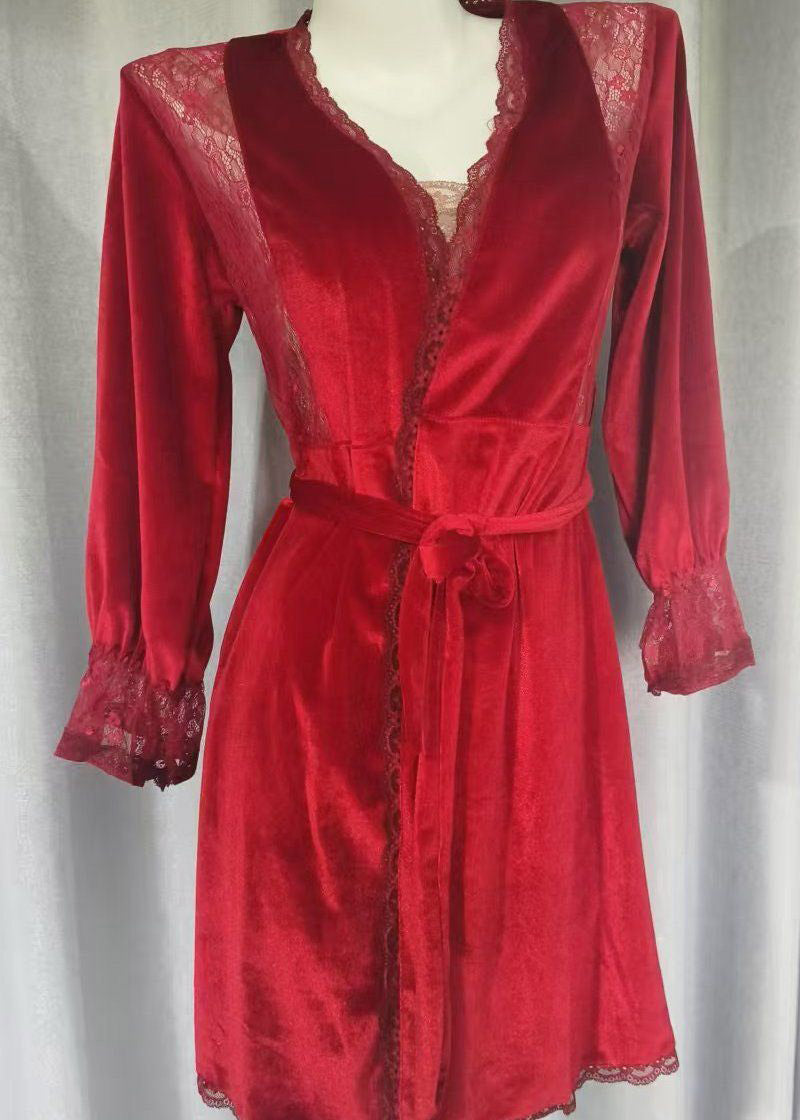 Purple V Neck Patchwork Silk Velour Blended Cardigans and Slips Lingerie Sets