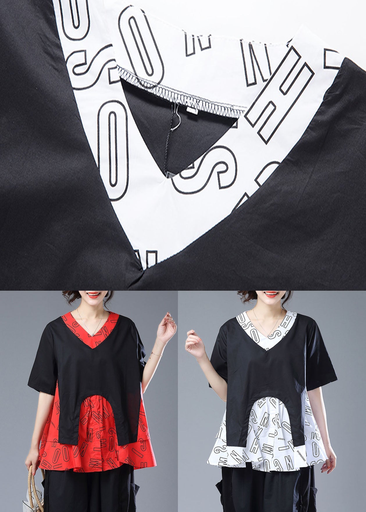 Red Asymmetrical Print Patchwork Cotton T Shirt Top Summer