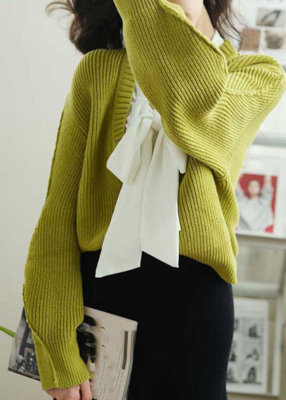 Green Bow Cozy Fake Two Pieces Knit Sweaters Spring