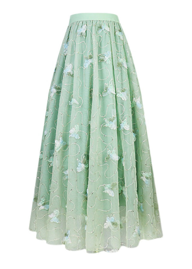 Light Green Butterfly Embroideried High Waist Tulle Maxi Skirts Spring