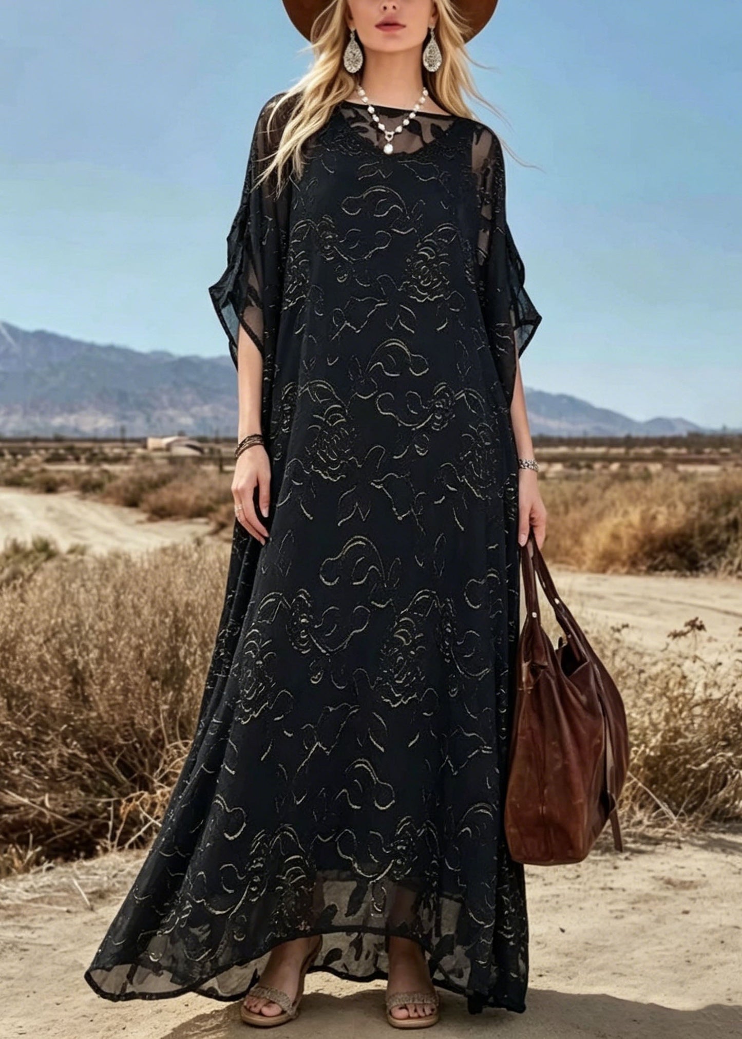 Loose Black O Neck Print Chiffon Maxi Dresses Summer