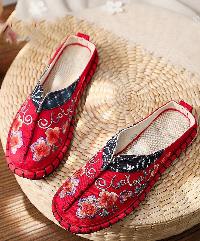 Red Slide Sandals Embroideried Cotton Fabric Splicing Slides