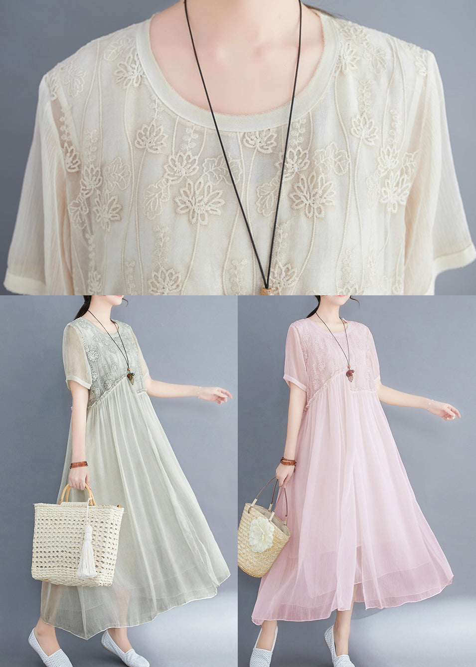 Apricot Asymmetrical Design Silk Dresses Short Sleeve