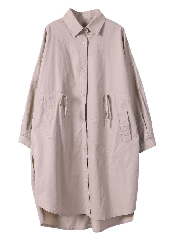 Loose Khaki Peterpan Collar Tie Waist Button Fall Long Sleeve Tops