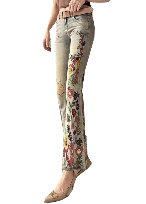 Embroidered Pockets Denim Flare Bottoms Spring