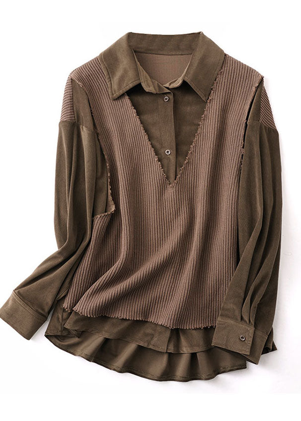 Chocolate Peter Pan Collar Knit Patchwork Fake Two Piece Shirts