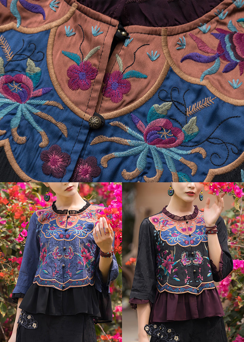 Black O-neck Embroideried Ruffled Chiffon Tops Long Sleeve