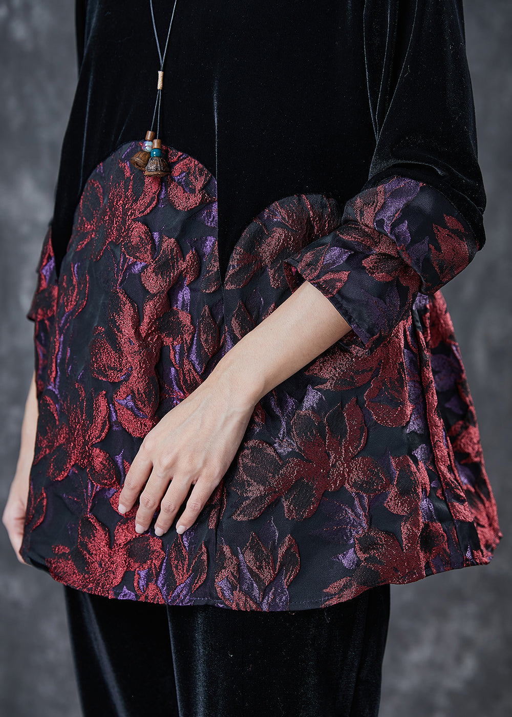 Black Oversized Patchwork Jacquard Silk Velvet Two Pieces Set Spring