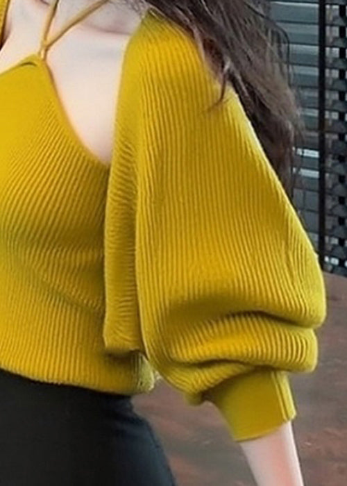 Stylish Yellow V Neck Lace Up Cardigan and Tank Knit Two Pieces Set Fall