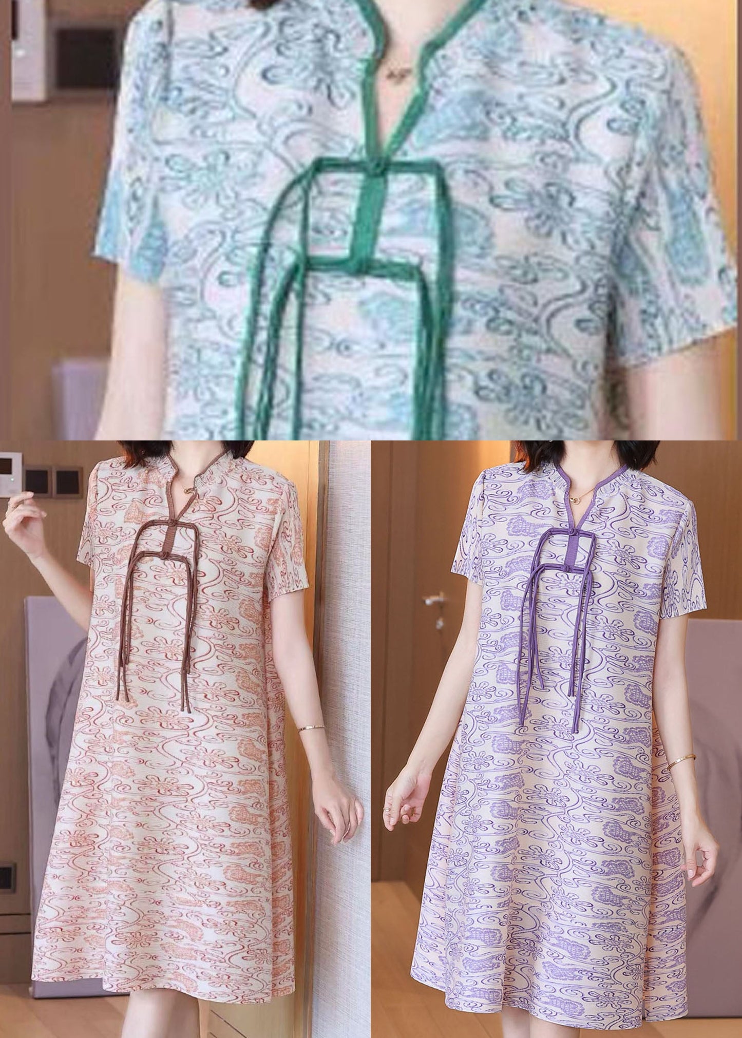 Purple Print Silk Mid Dress Stand Collar Draping Short Sleeve