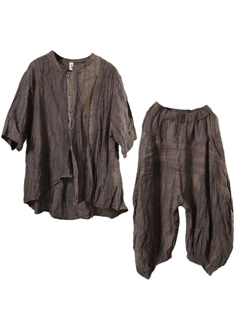 Style Chocolate Stand Button Asymmetrical Design Linen Fall Half Sleeve Two Pieces Set