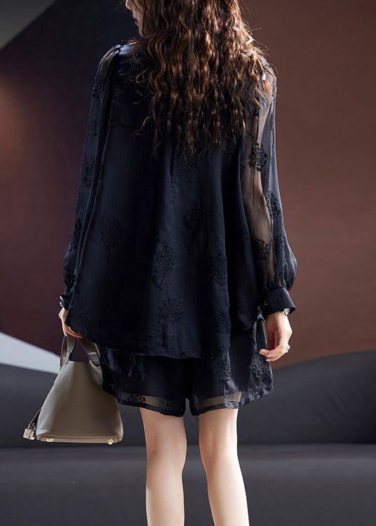 Black Embroidered Tops and Shorts Chiffon Tops Summer
