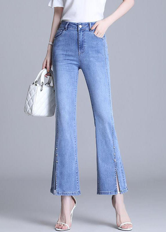Light Blue High Waist Slim Pockets Side Open Cotton Denim Flare Pants Summer