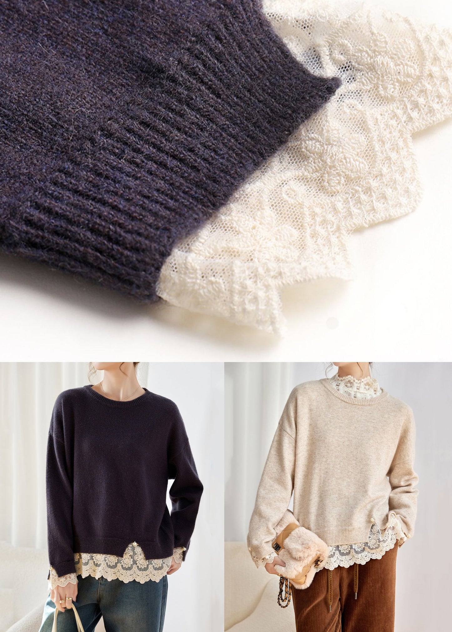 Deep Purple Lace Patchwork Cotton Knit Sweaters Fall