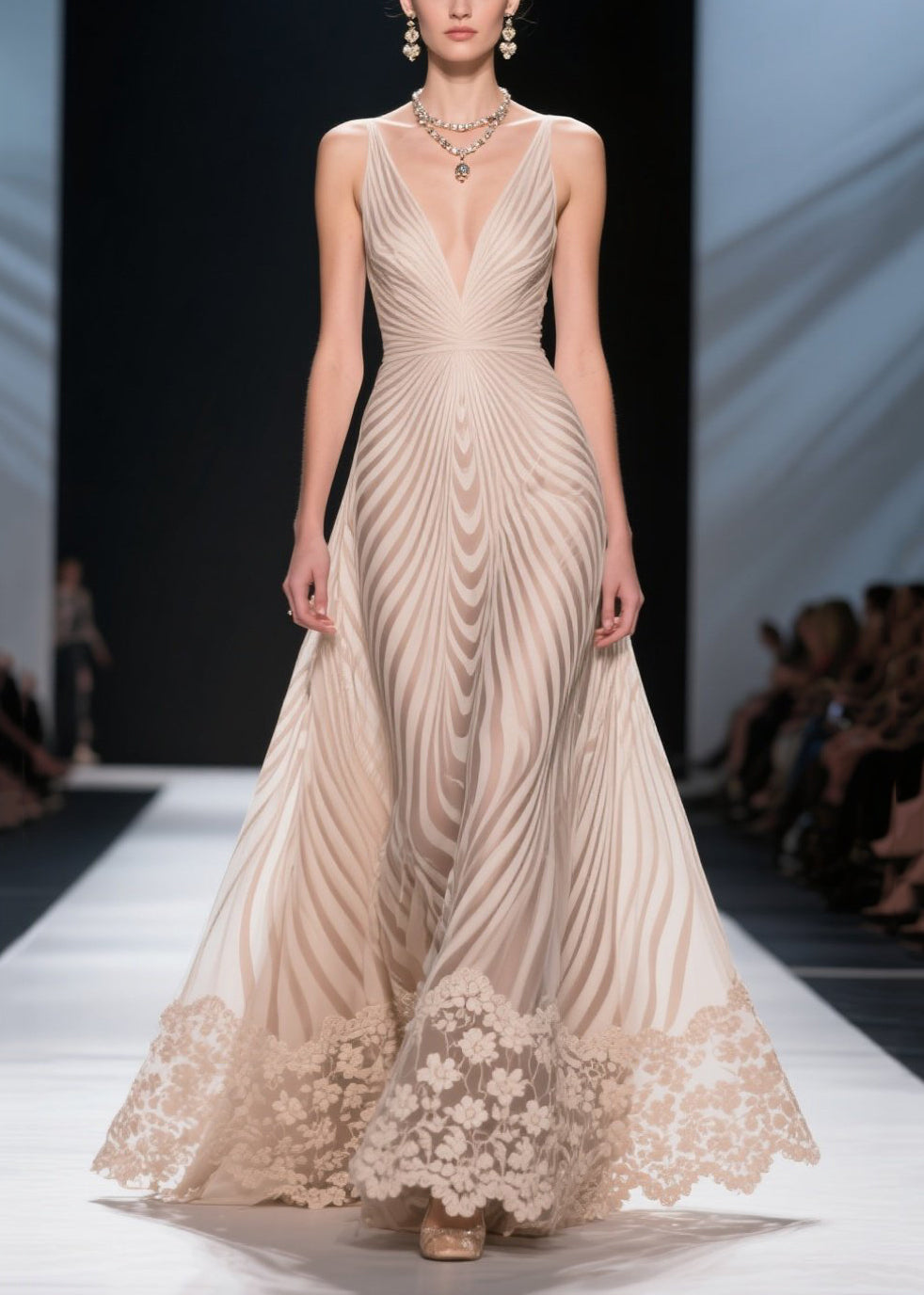 Apricot Striped Patchwork Lace Silm Fit Evening Dress Summer