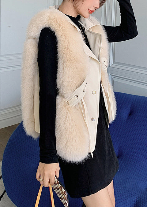 Faux Fox Fur Patchwork Faux Leather Vest Tops Winter