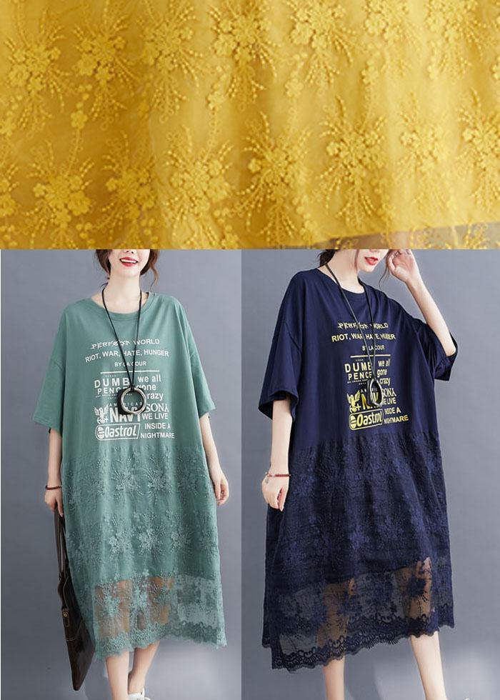 Style Navy Loose Patchwork Lace Summer Half Sleeve Maxi Dresses