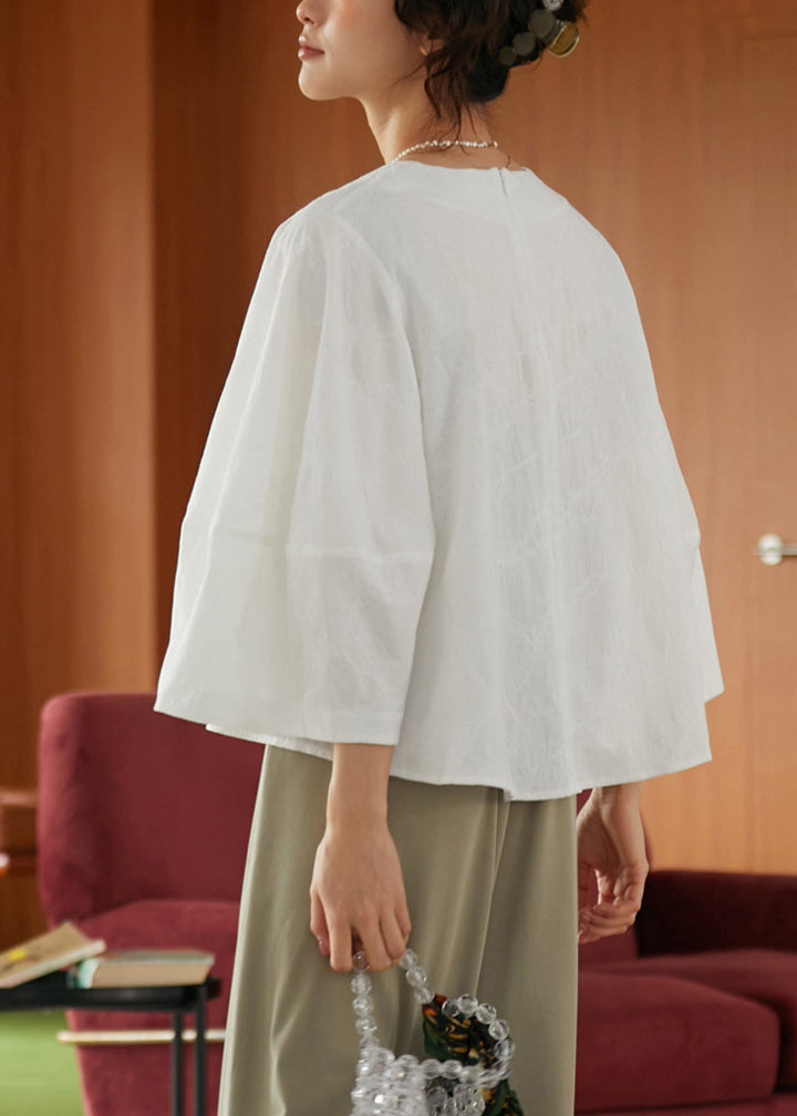 Loose White O-neck Patchwork Cotton T Shirts Fall