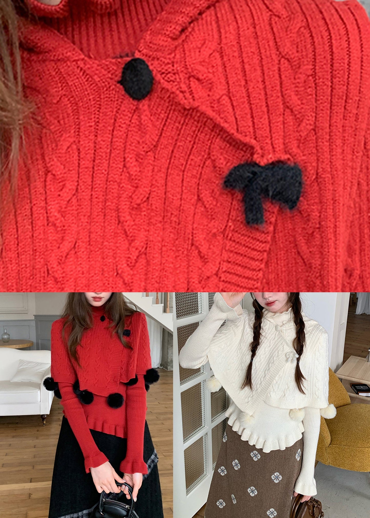 White Ruffled Cotton Knit Cloak and Sweaters Two Pieces Set Flare Sleeve