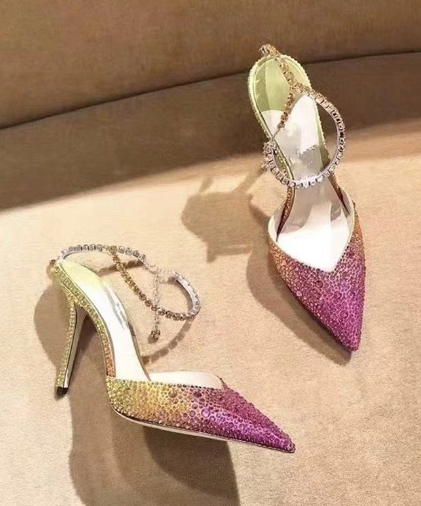 Rhinestone Gradient Color Pointed Thin Heel Sandals