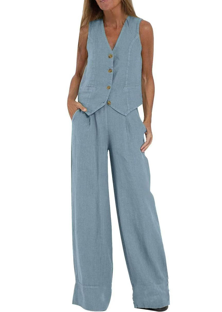 Loose Green V Neck Button Waistcoat and Pants Linen Two Piece Set Sleeveless