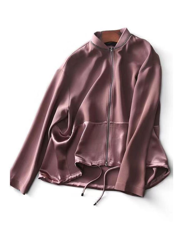 Purple Pink Zip Up Patchwork Drawstring Cotton Jacket Fall