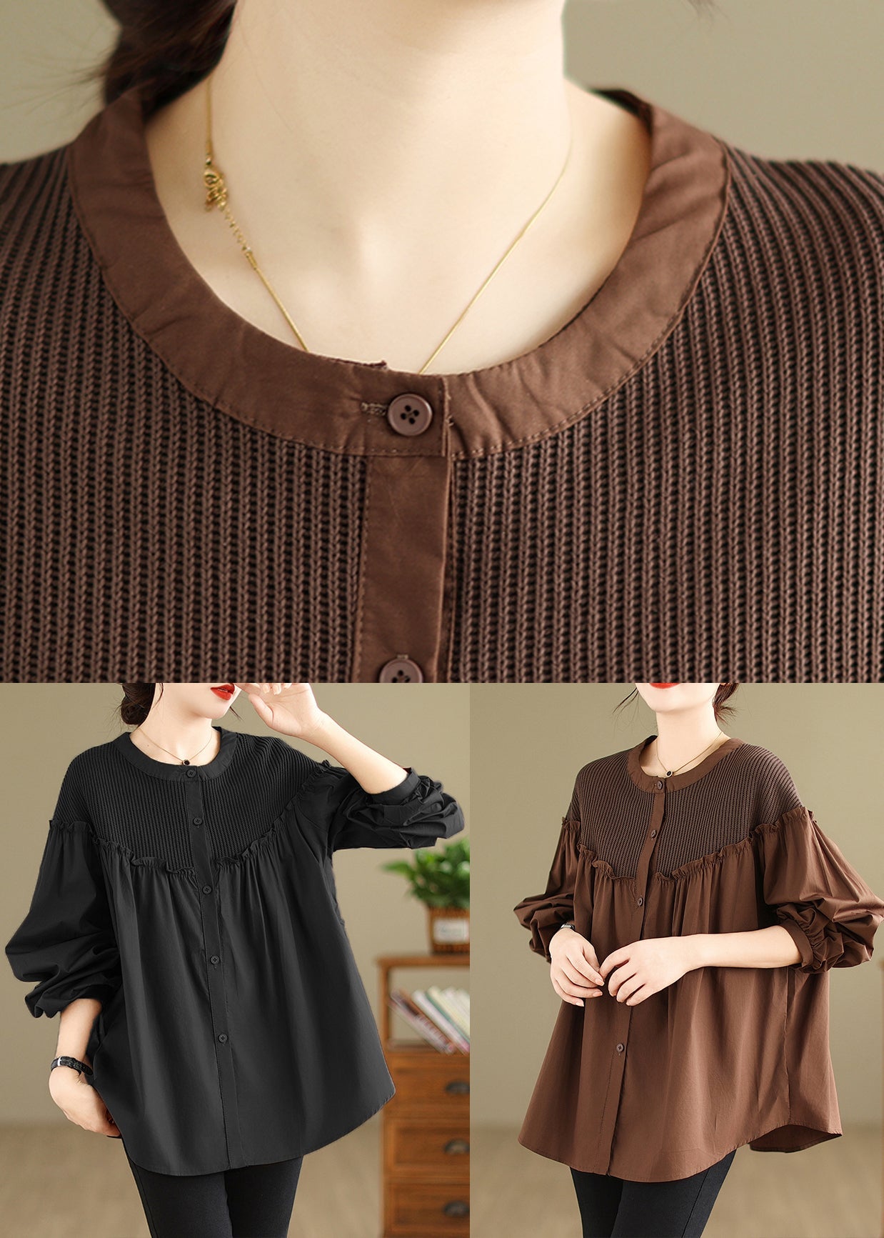 Black Ruffled Patchwork Button Top Spring