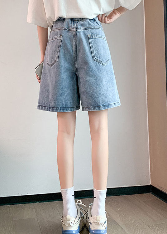 Light Blue Elastic Waist Patchwork Cotton Denim Short Pants Summer