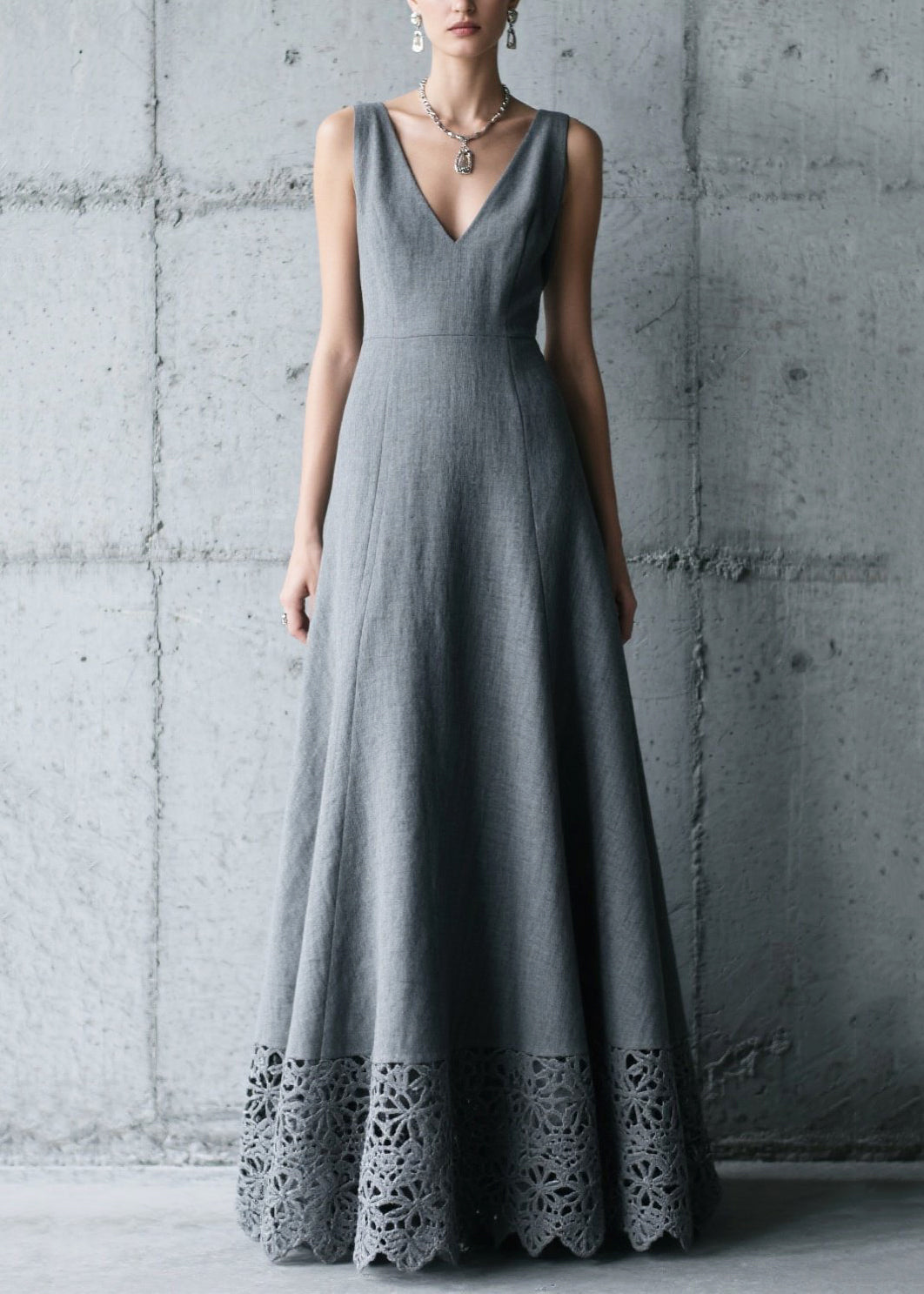 Charcoal Grey V Neck Patchwork Cotton Long Dress Summer