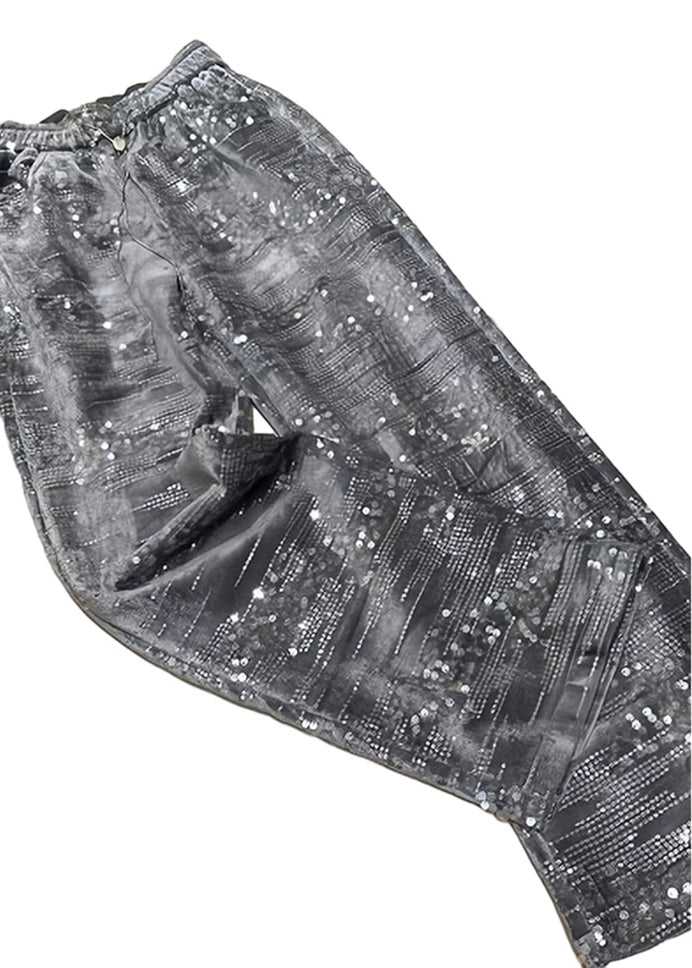 Silver Sequins Elastic Waist Straight Pants Spring