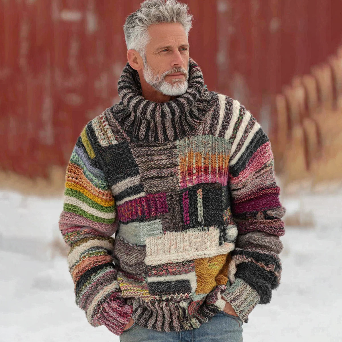 Men's Vintage Colorblock Patchwork Cozy Knit Jacquard Fairman Island Jacquard Thick Warm Turtleneck Sweater elevenforest