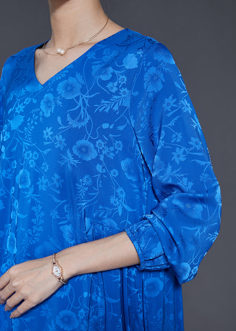 Blue Tie Waist Print Silk Dress Spring
